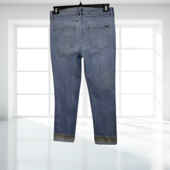 WHBM Mid-Rise Soft Slim Crop Jeans Size 8 Bronze Gold Metallic Cuff Denim - Picture 3 of 12